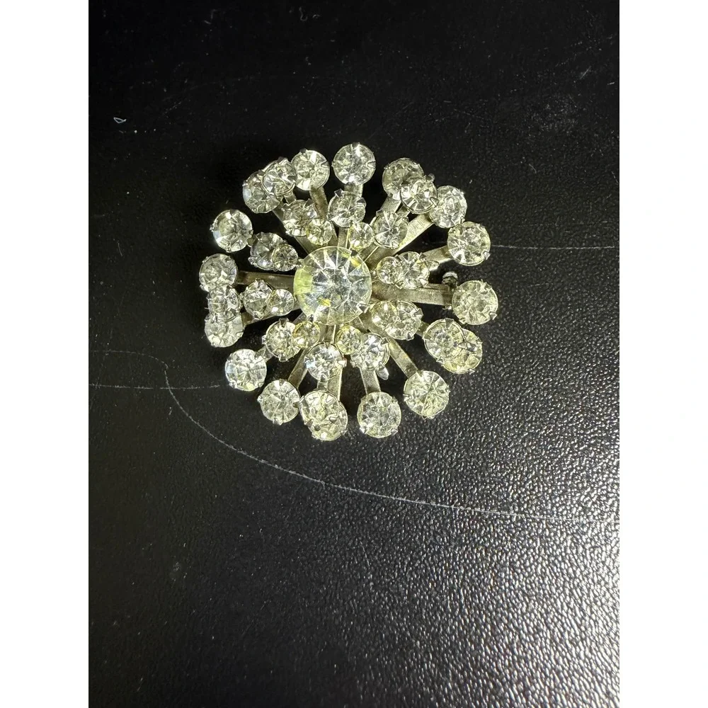 Vintage Sunburst Brooch Silver Tone Clear Rhinestone Starburst Floral Pin